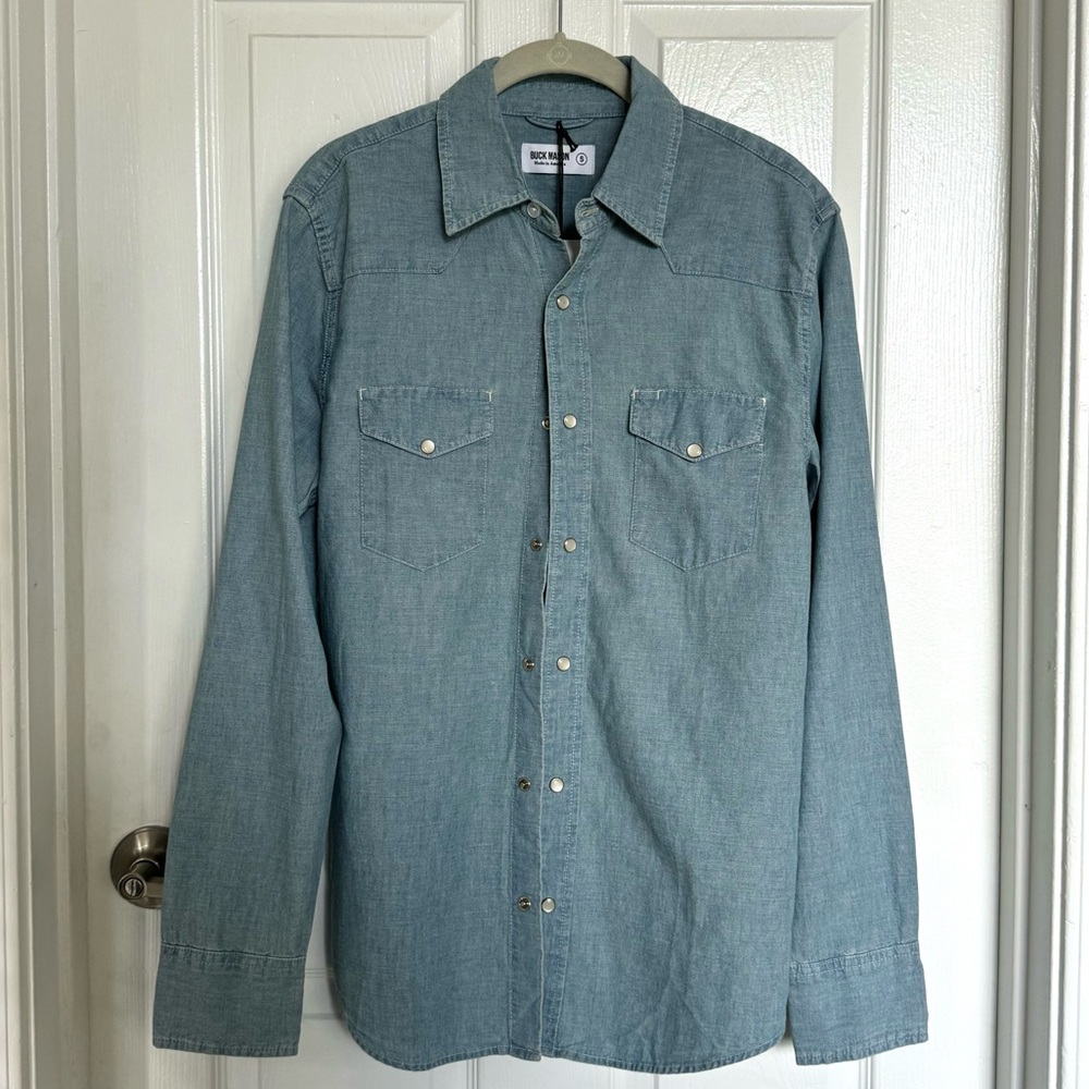 Buck Mason Chambray Snap Button Western Shirt with Mother of Pearl Buttons